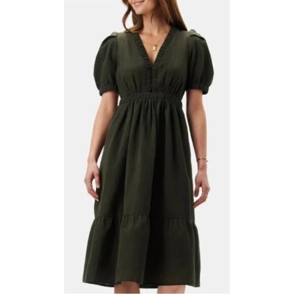 Amour Vert Dresses & Skirts - NWT AMOUR VERT Danielle Linen / Cotton Shortsleeve Olive Green Midi Dress Size S
